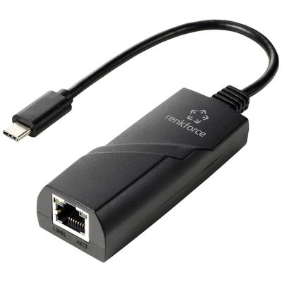 Un adaptateur noir USB-C vers Ethernet avec le logo Renkforce et un port Ethernet.