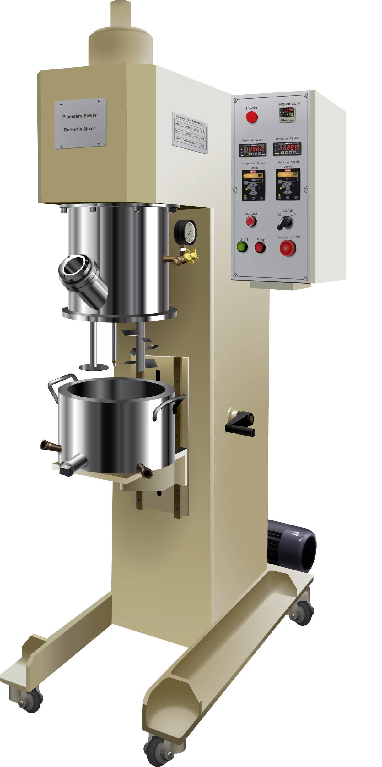 Machine à mélanger industrielle avec récipient en acier inoxydable et panneau de commande. Utilisée dans un environnement de production pour le traitement de mélanges.