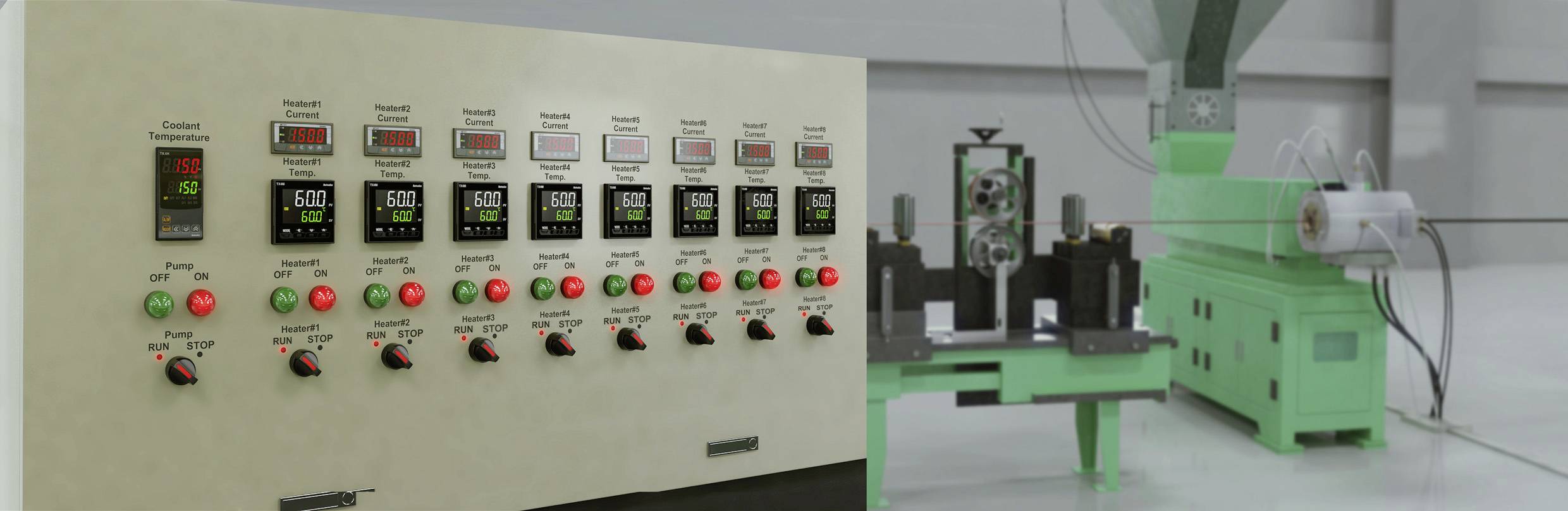 Panneau de commande avec des affichages numériques et des boutons qui contrôlent une machine de production. Machine visible à droite en arrière-plan.