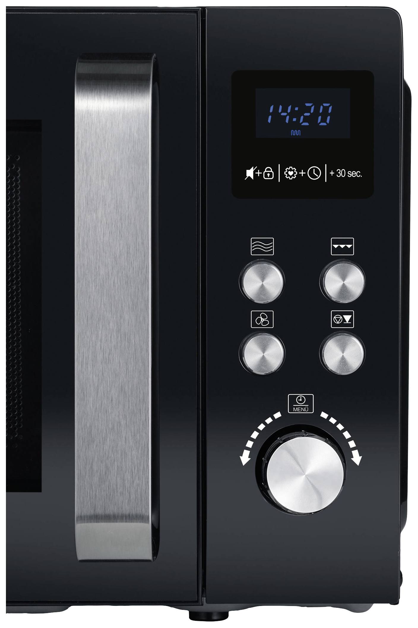 Four micro-ondes noir avec une poignée argentée, un affichage numérique indiquant l'heure '14:20' et plusieurs boutons de commande pour différentes fonctions.