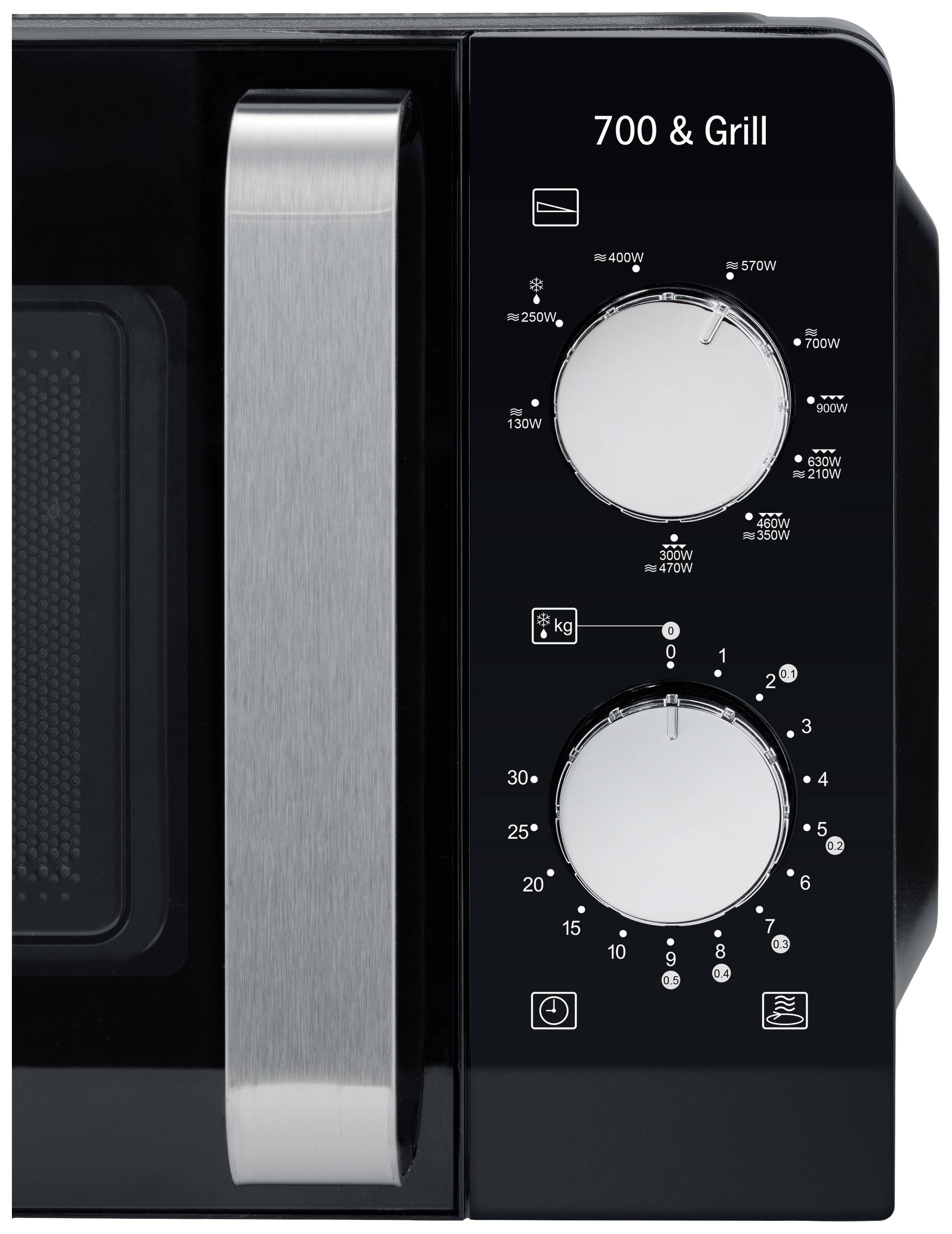 Four micro-ondes noir avec deux boutons pour les niveaux de puissance et le temps de cuisson. Inscription : '700 & Grill'.