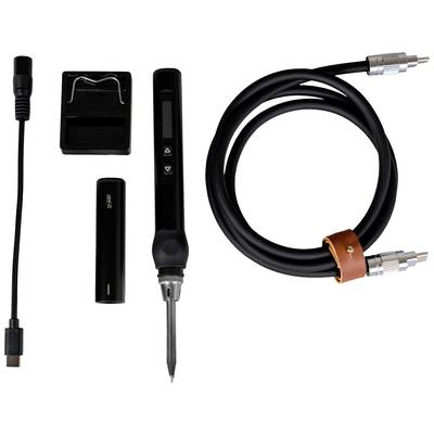 Ensemble de fer à souder avec écran numérique, câble, batterie, chargeur et adaptateur, présenté sur un fond blanc.