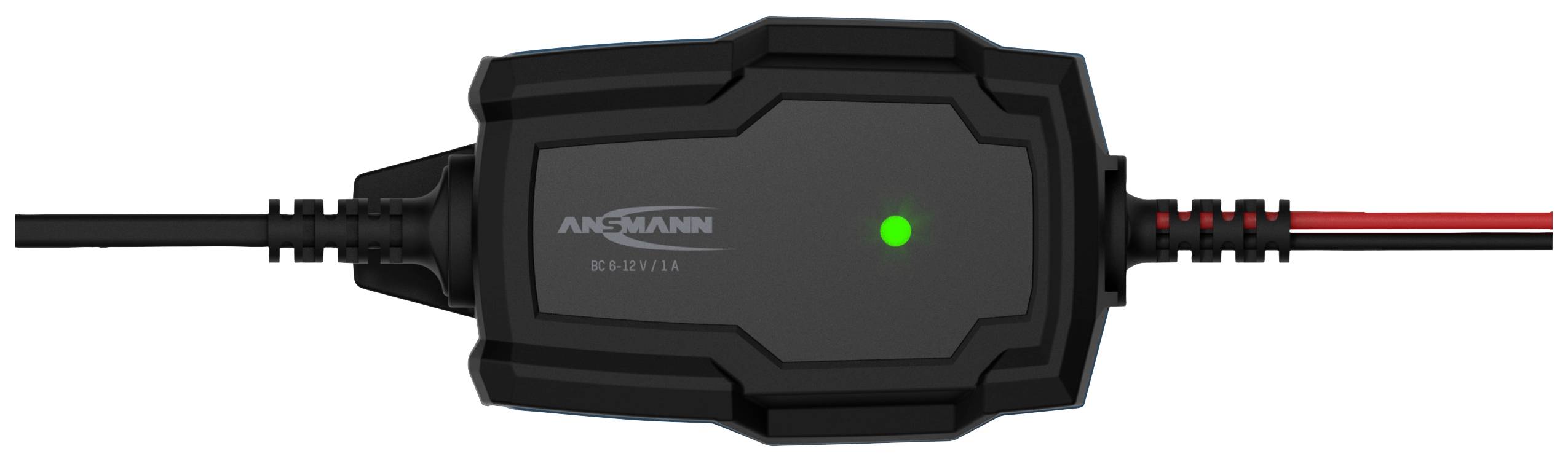 Chargeur de batterie avec témoin lumineux, branché à un câble, sur fond blanc.