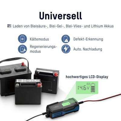 Différentes batteries et chargeur. Fonctions : Mode froid, mode régénération, détection de défaut, recharge. L'écran LCD affiche '14,6 V'.