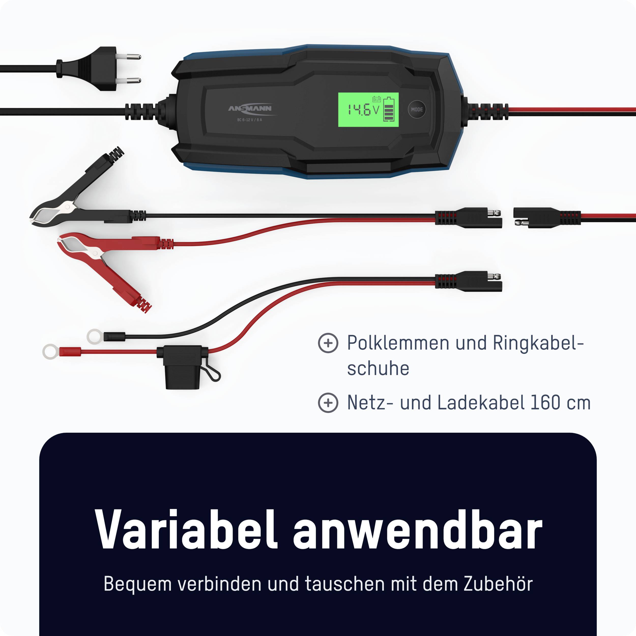 Un chargeur de batterie avec des câbles et des pinces, portant les mentions « Câble secteur et de charge 160 cm » et « Bornes et cosses de câble à anneau ».