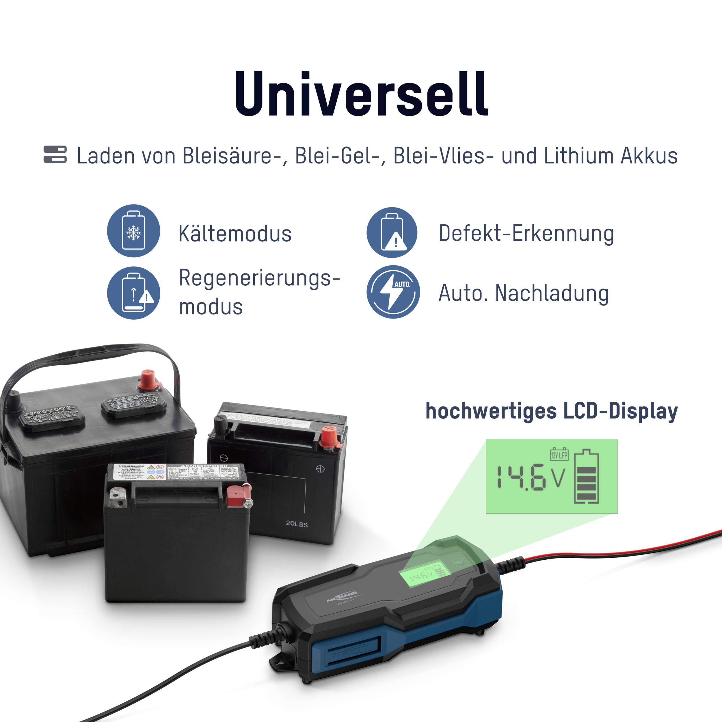 Universel : Chargement des batteries au plomb et au lithium. Avec mode froid, mode régénération, détection de défaut. Affichage LCD de haute qualité.