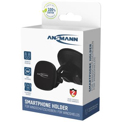 Support de smartphone pour pare-brise ANSMANN, carton 100% recyclable, rotation à 360°, fixation magnétique, garantie de 3 ans.