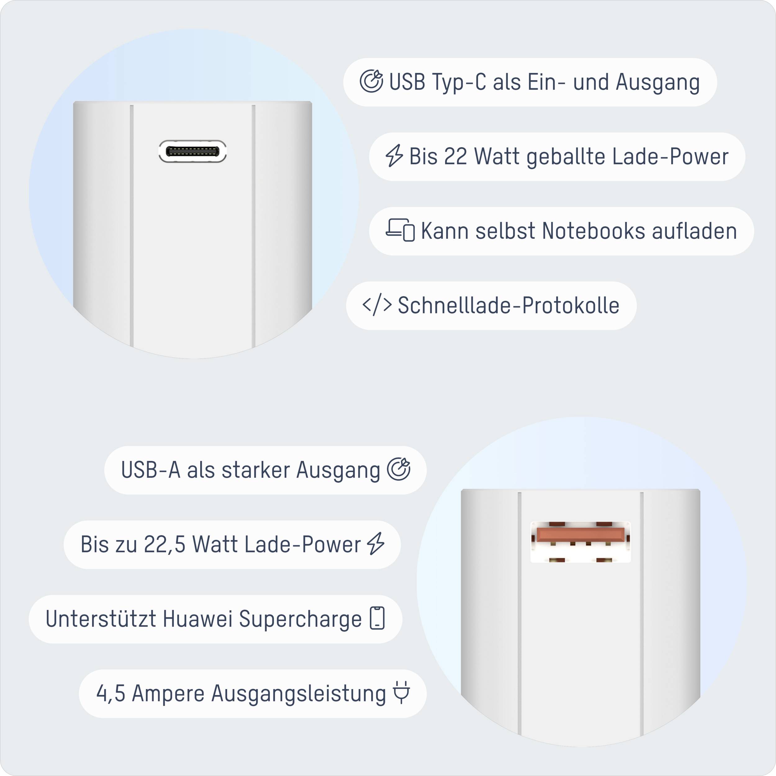 'USB Type-C en entrée et en sortie, 22 watts de puissance de charge, peut charger des ordinateurs portables. Compatible avec la charge rapide Huawei, sortie de 4,5 ampères.'