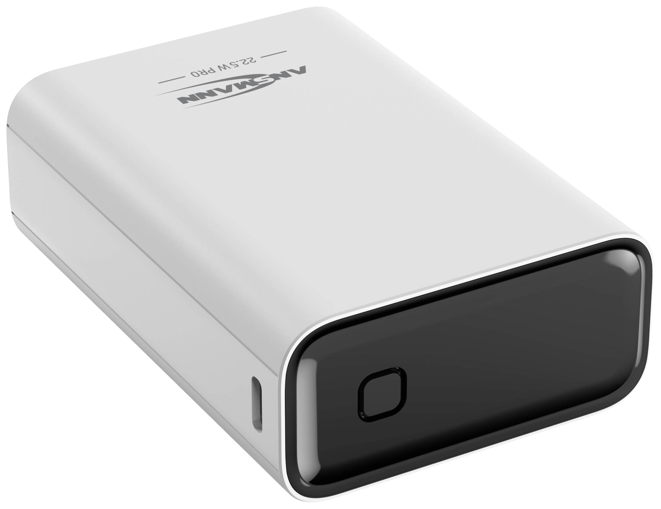 Chargeur portable rectangulaire en argent avec façade noire et port USB sur le côté.