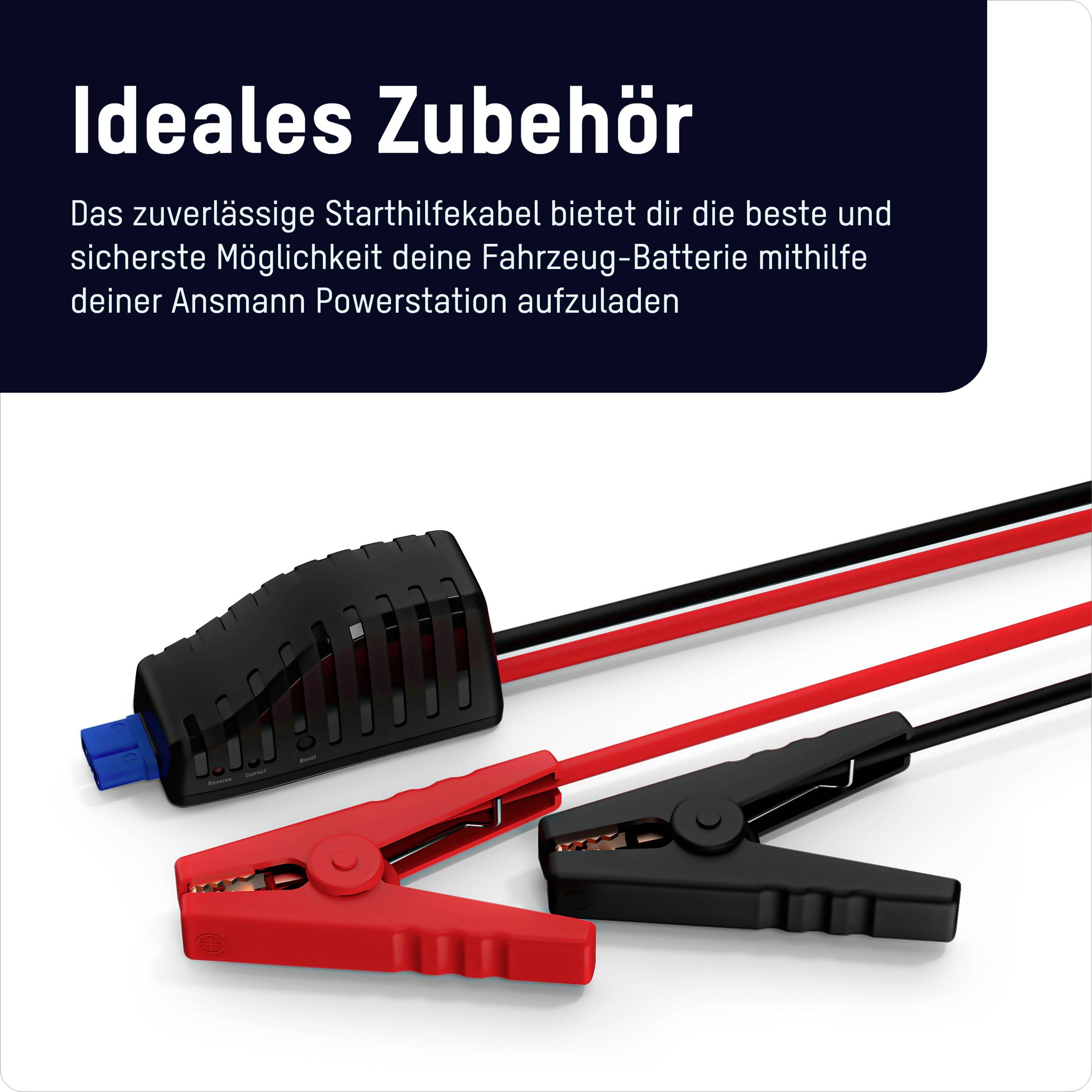 Câbles de démarrage : Un serre-câble rouge et un serre-câble noir avec câble isolé, présentés comme accessoire idéal pour charger une batterie de véhicule.