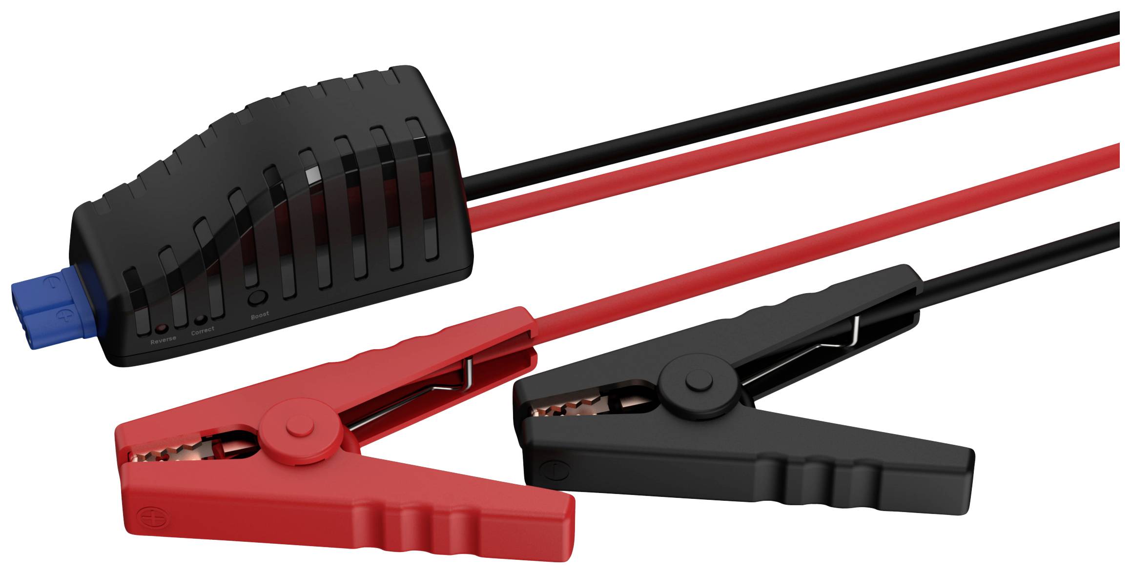 Câbles de démarrage rouge et noir avec pinces pour la connexion à une batterie de voiture, symbolisant l'assistance au démarrage d'un véhicule.