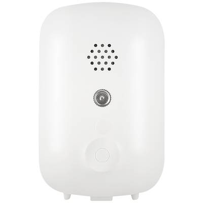 Un distributeur de savon blanc avec une fenêtre circulaire transparente permettant de vérifier le niveau de remplissage et un petit bouton rond pour libérer le savon.