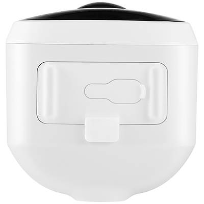 Dispositif technique cylindrique blanc avec un couvercle noir brillant. Il présente un panneau avant avec un évidement carré et une ouverture.