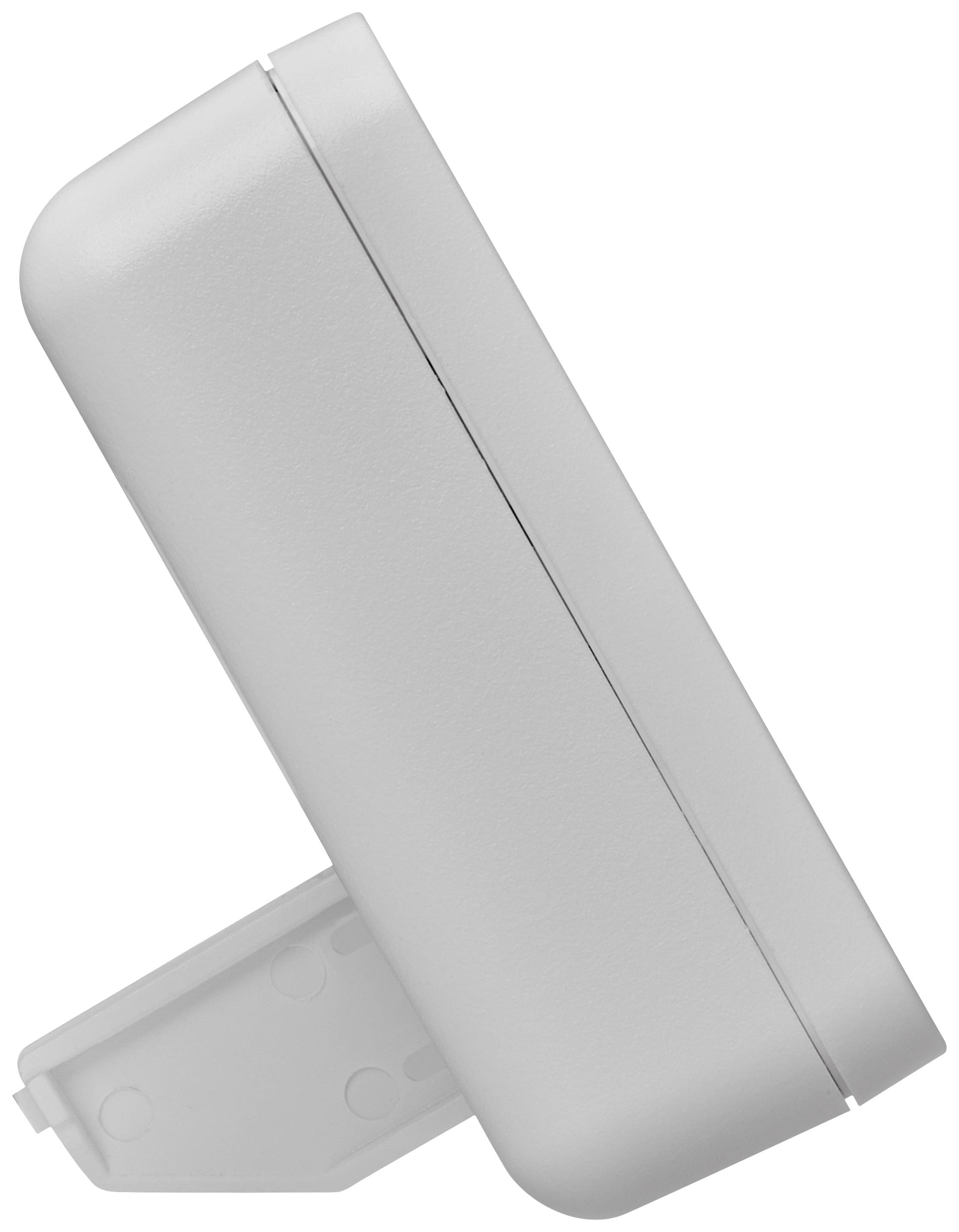 Un boîtier en plastique blanc, rectangulaire avec des angles arrondis, reposant sur un support pliable.