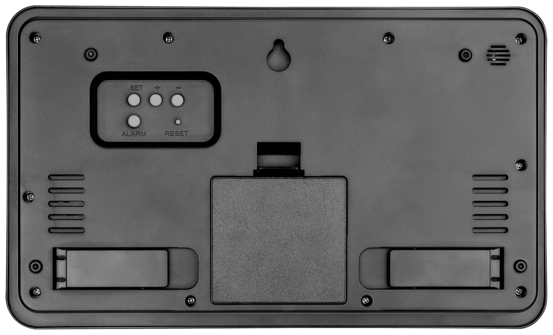 Dos d'une horloge murale numérique avec éléments de commande : SET, ALARM, RESET. Deux compartiments de batterie et support de fixation murale présents.