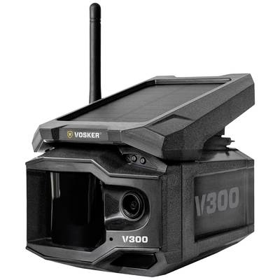 Une caméra de surveillance noire portant l'inscription 'V300'. Elle est équipée d'un panneau solaire et d'une antenne.