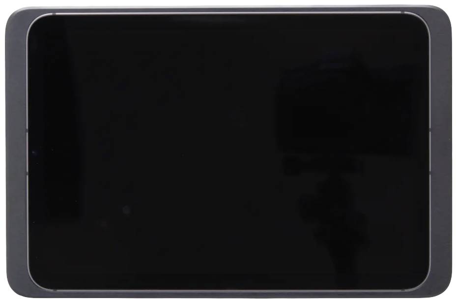 Une tablette rectangulaire sombre sur un fond clair, l'écran est éteint.