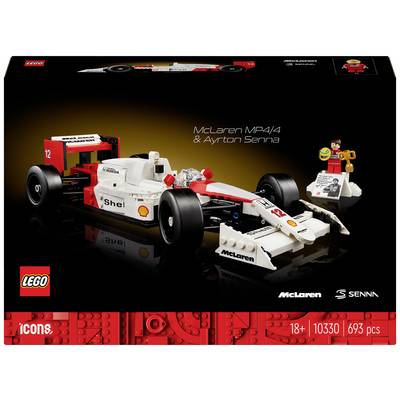 Ensemble Lego avec voiture de Formule 1 McLaren MP4/4 et figurine. Sur l'emballage figurent les logos de McLaren et Senna.