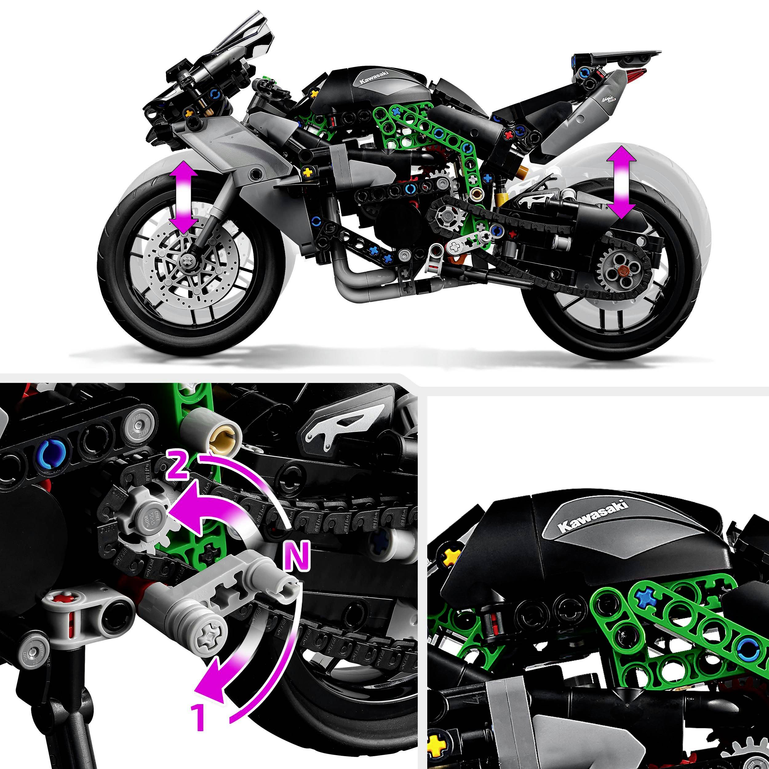 Un modèle de moto LEGO Technic avec un gros plan détaillé des pièces de transmission et des flèches illustrant son fonctionnement.