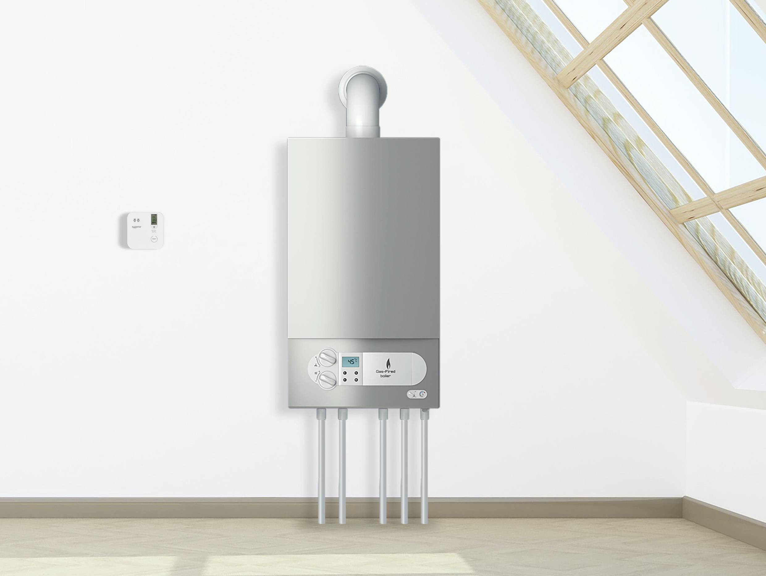 Une chaudière moderne est suspendue au mur dans une pièce lumineuse. À côté se trouve un thermostat. En haut à droite, une fenêtre offre une vue vers l'extérieur.