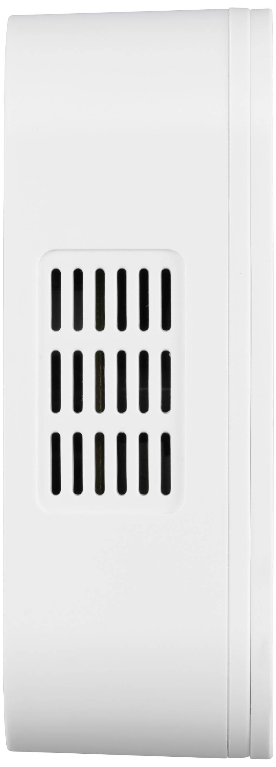 Un purificateur d'air ou un ventilateur blanc, vu de côté. Il possède plusieurs fentes d'aération étroites pour la ventilation.