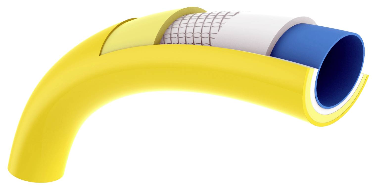 Coupe transversale d'un tuyau en plastique jaune à plusieurs couches, comprenant une couche intérieure bleue, un renfort textile et une couche extérieure jaune.