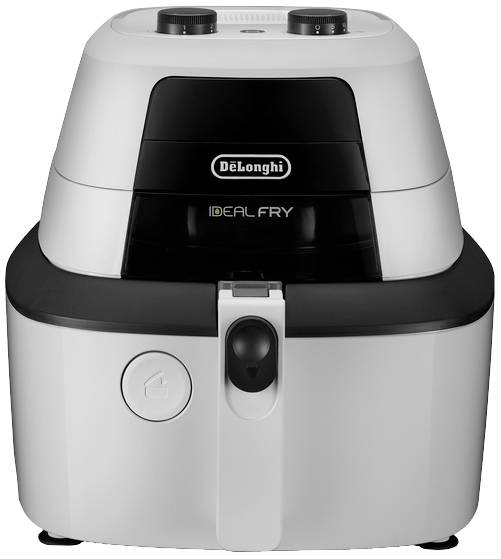 Une friteuse à air chaud DeLonghi en noir et blanc. Elle dispose de deux boutons rotatifs en haut et le modèle 'IdealFry' est visible sur la façade.