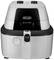 Une friteuse à air chaud DeLonghi en noir et blanc. Elle dispose de deux boutons rotatifs en haut et le modèle 'IdealFry' est visible sur la façade.