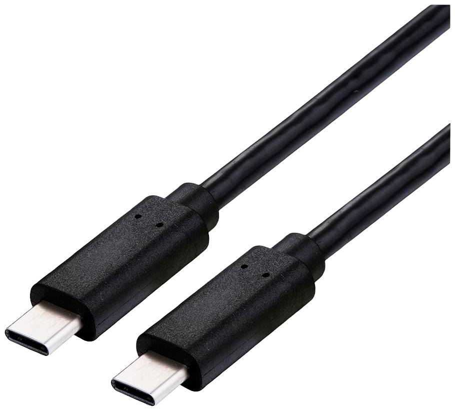 Câble USB-C noir avec deux connecteurs, adapté pour le transfert de données et la charge des appareils.