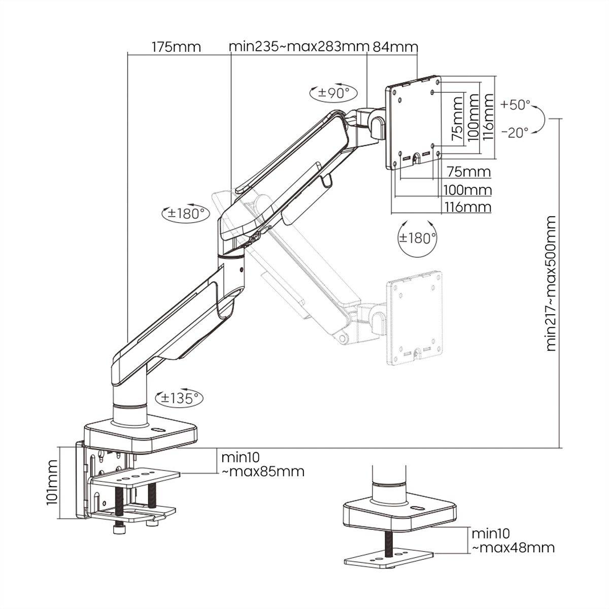 Un bras de moniteur réglable avec dimensions. Montre des angles de mouvement de -50° à +50° verticalement et de -90° à +90° horizontalement. Portée maximale de 283 mm.