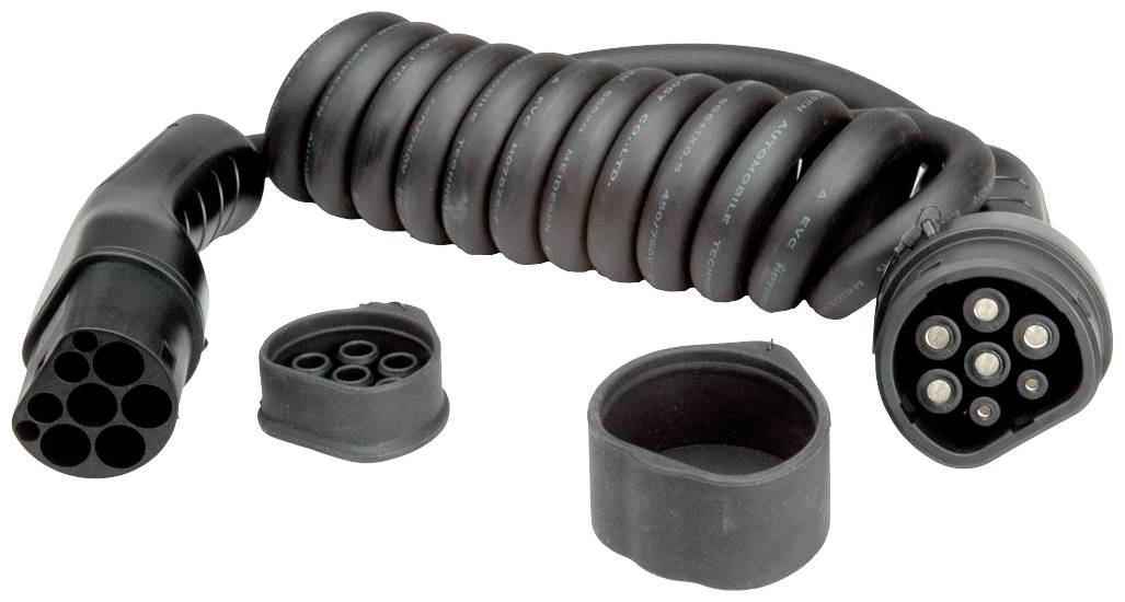 Câble de charge spiral noir avec fiche pour véhicules électriques, montrant les contacts métalliques et deux capots de bride.
