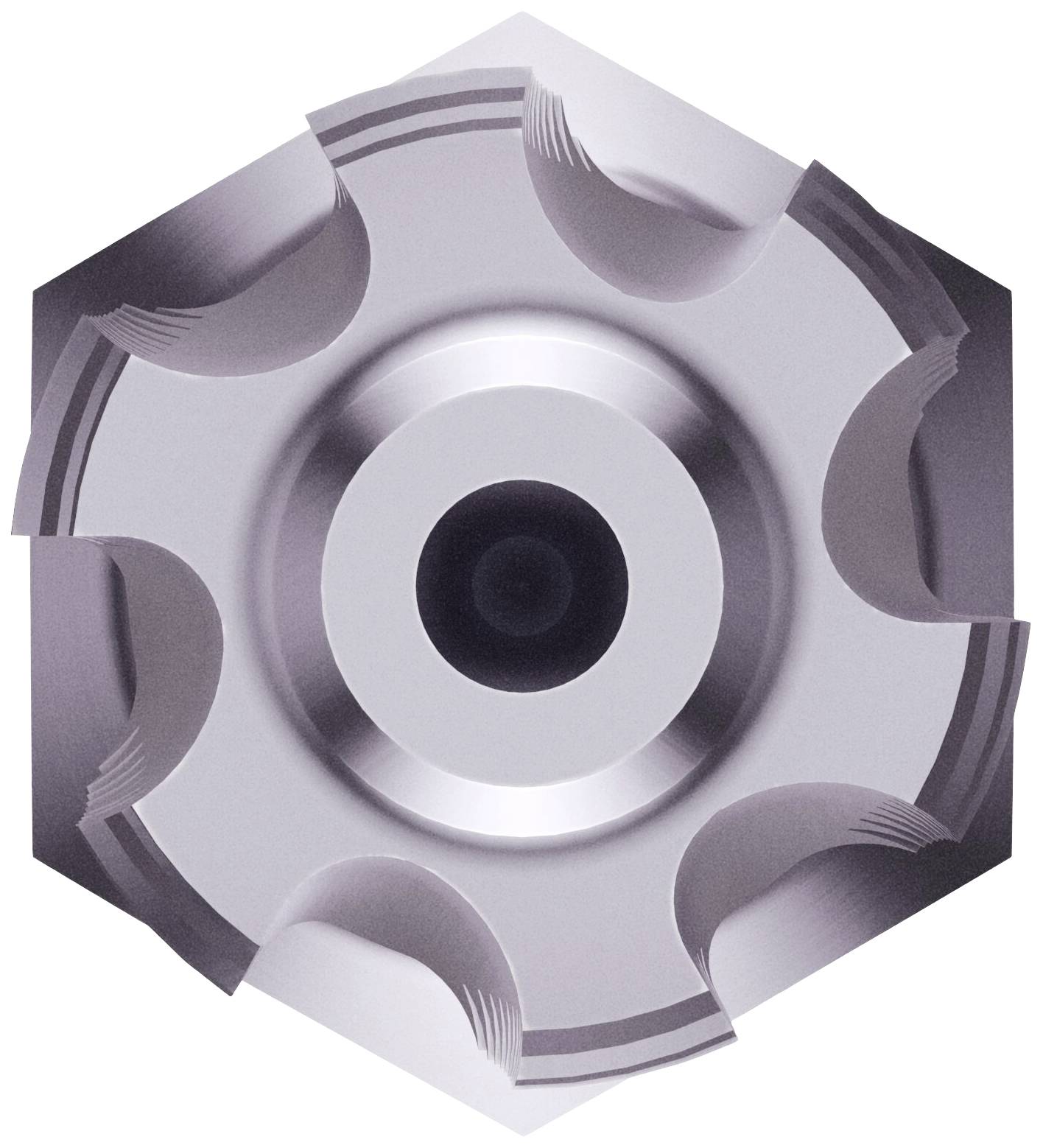 Objet métallique hexagonal avec un centre circulaire et six encoches uniformément réparties, indiquant un usage technique ou industriel.