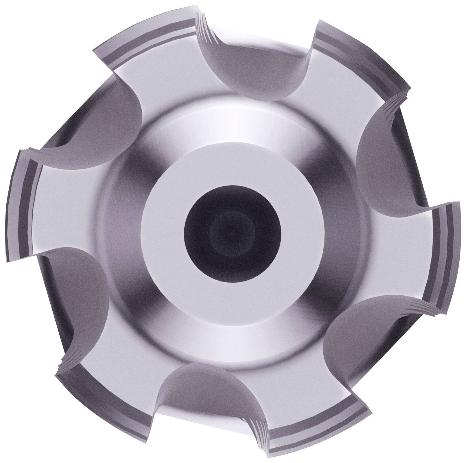 Un outil métallique rond avec six arêtes de coupe incurvées, probablement une fraise, conçu de manière symétrique et brillante en son centre.