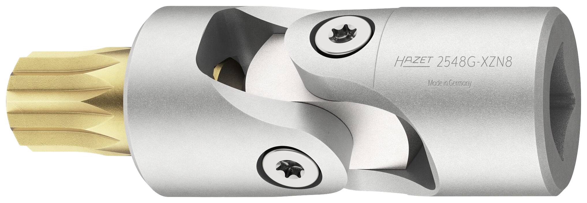 Embout à outil argenté avec fonction articulée, deux vis, et pointe dorée. Texte 'HAZET 2549G-XZN8'.