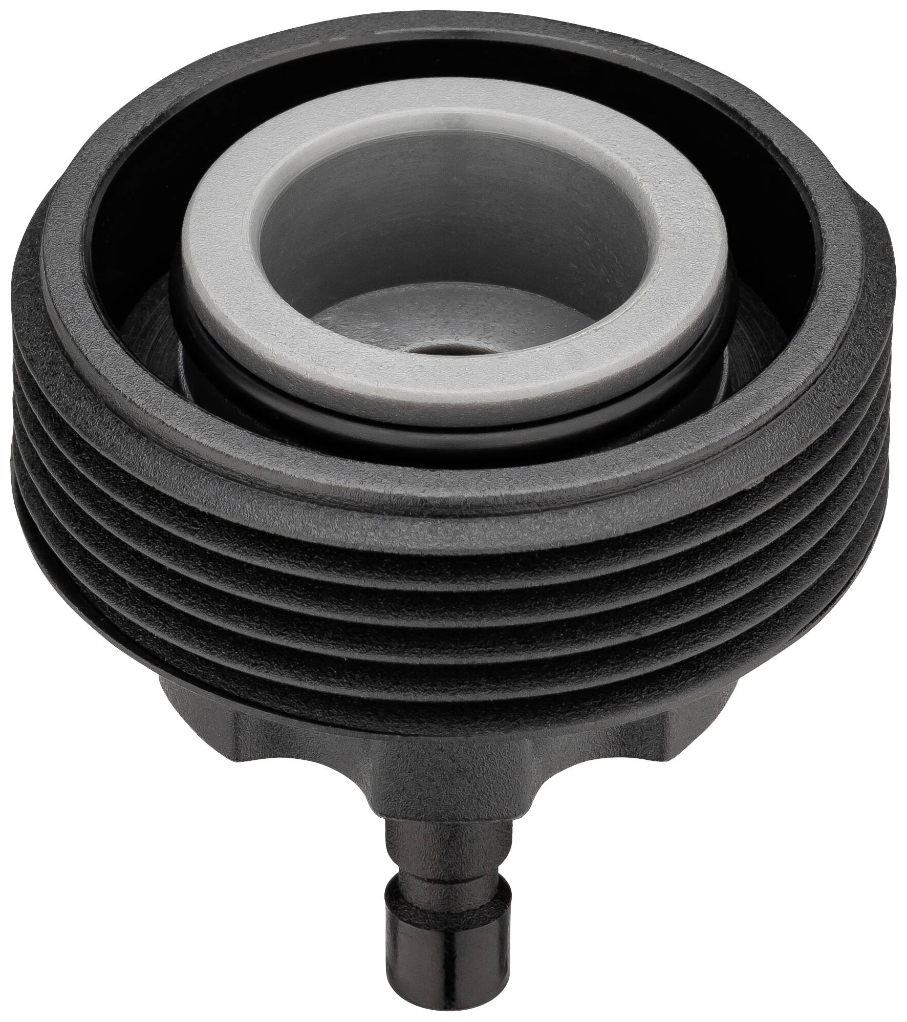 Raccord de remplissage noir avec anneau intérieur gris pour la connexion à un système sous pression. Convient aux applications industrielles.