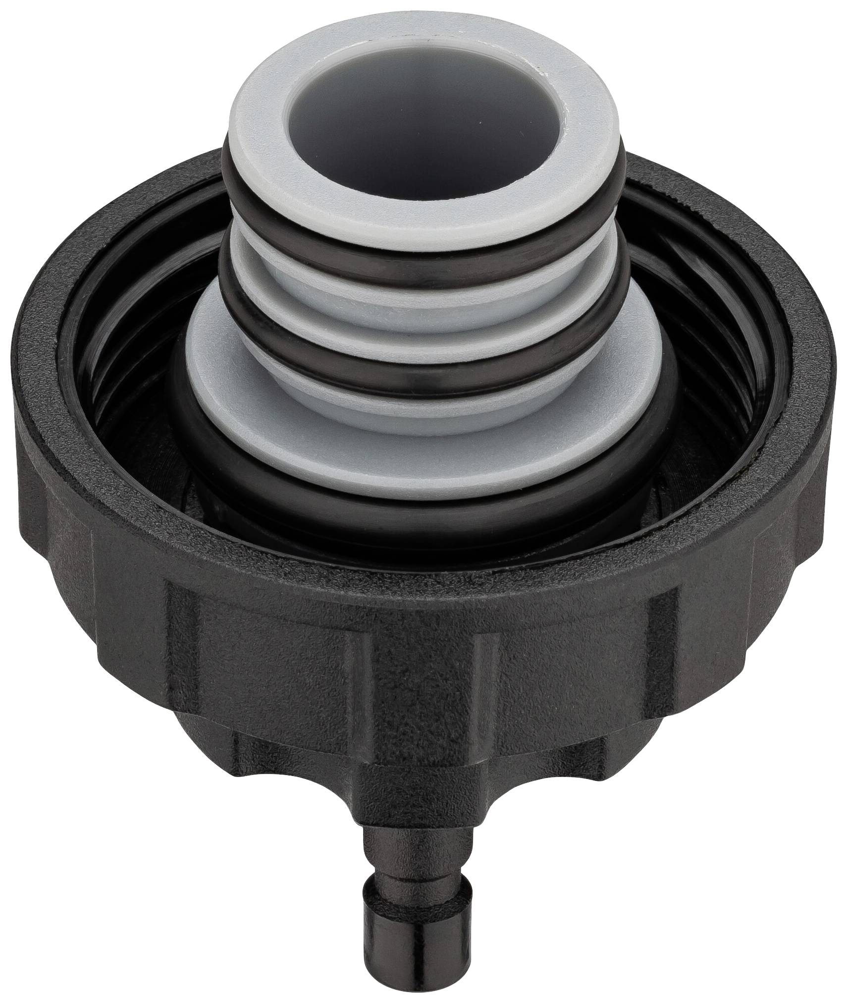 Adaptateur en plastique noir et gris avec plusieurs bagues et filetage, probablement destiné à la connexion de tuyaux ou à un système hydraulique.