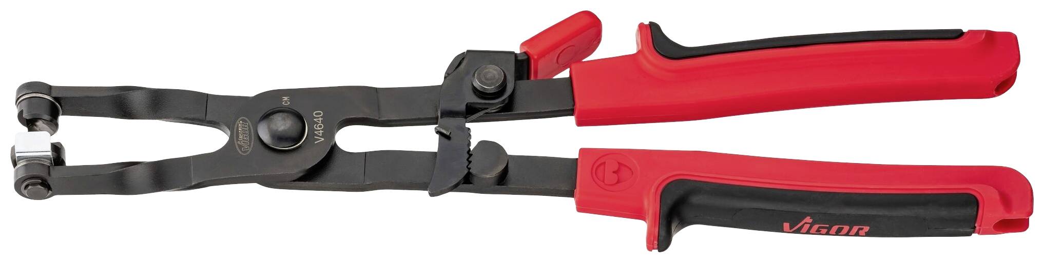 Pince à colliers rouge et noire pour le montage de colliers sur des tuyaux de véhicules.