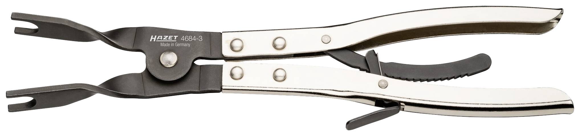 Une pince en argent et noir avec des poignées courbées et des mâchoires plates pour le retrait des circlips.