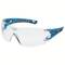 Lunettes de protection avec verre transparent et monture bleu-noir. Elles offrent une protection oculaire pour les travaux dans des environnements à risques.
