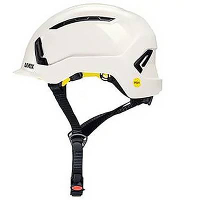 Un casque de protection blanc avec des ouvertures de ventilation noires et une jugulaire réglable.