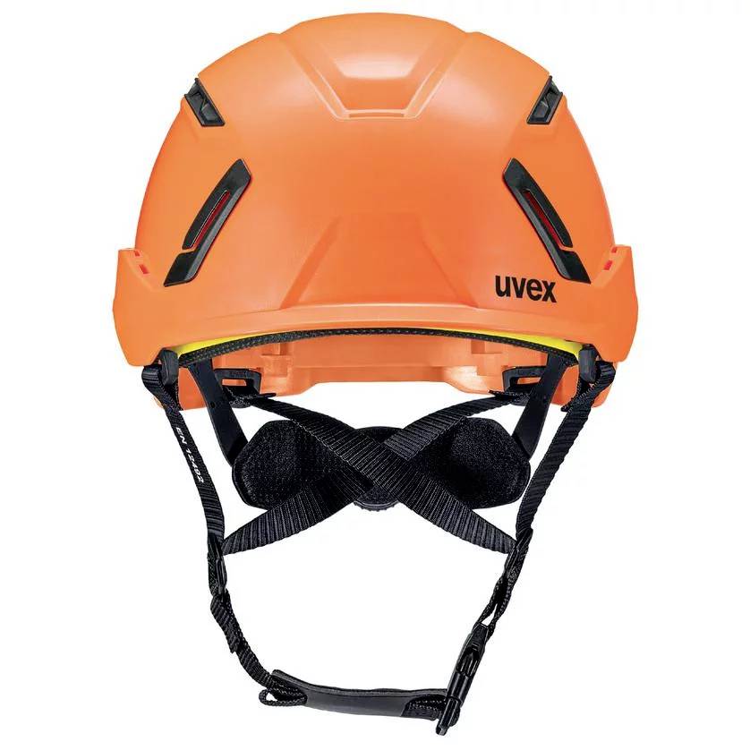 Un casque de sécurité orange avec une jugulaire noire, des fentes de ventilation striées et l'inscription 'uvex' sur le côté.