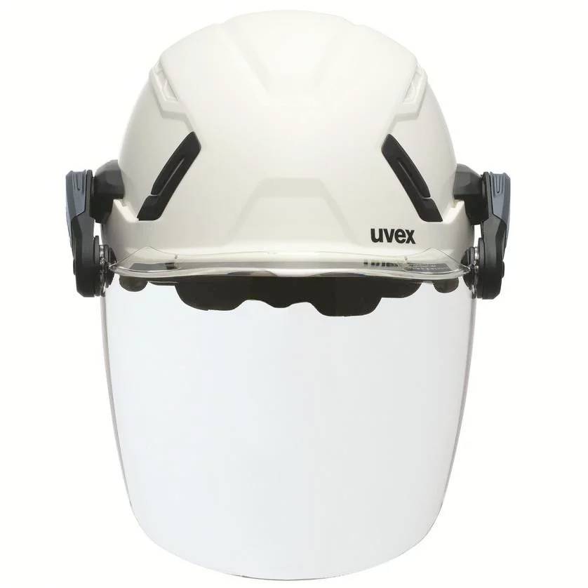 Un casque de protection blanc avec un écran facial transparent. Le casque présente des détails noirs et porte l'inscription 'uvex'.