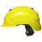 Casque de chantier jaune vu de côté, montrant sa forme protectrice et sa sangle ajustable, adapté aux exigences de sécurité sur les chantiers.