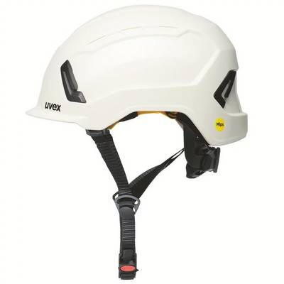 Un casque de sécurité blanc avec une jugulaire réglable. Le casque est doté de fentes de ventilation noires et d'un autocollant jaune portant l'inscription 'Mips'.