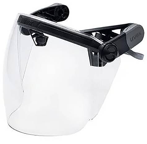 Écran facial transparent avec un cadre noir, protégeant le visage contre les éclaboussures et les gouttelettes. Bandeau ajustable.