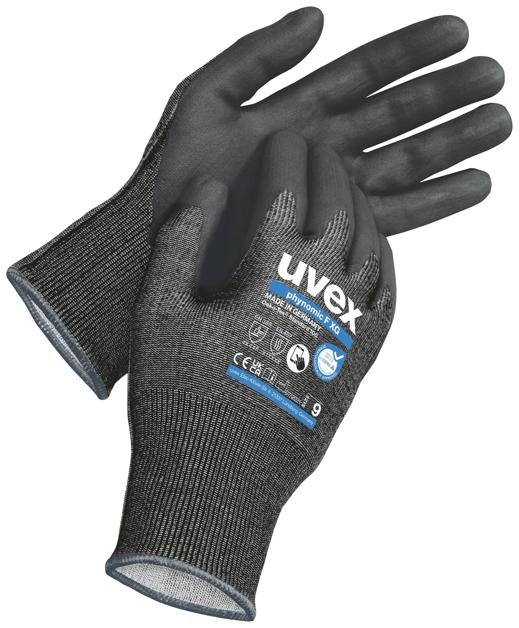 Une paire de gants de travail noirs avec des paumes grises, portant l'inscription 'uvex phynomic XG', affichant les certifications et la taille 9.
