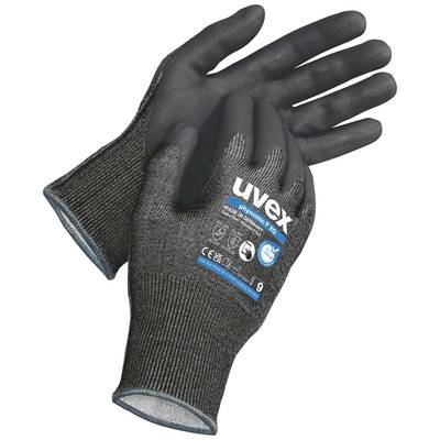 Une paire de gants de travail noirs avec des paumes grises, portant l'inscription 'uvex phynomic XG', affichant les certifications et la taille 9.