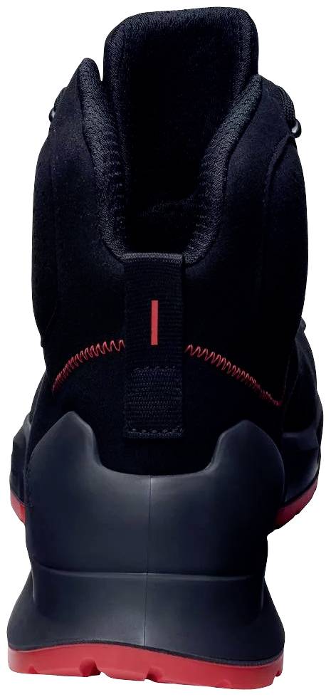 Chaussure de sport noire vue de derrière, avec semelle et coutures rouges. Robuste et adaptée aux activités de plein air.