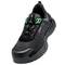 Chaussure de sécurité noire, sportive, avec des touches vertes et un design robuste, adaptée aux environnements industriels.