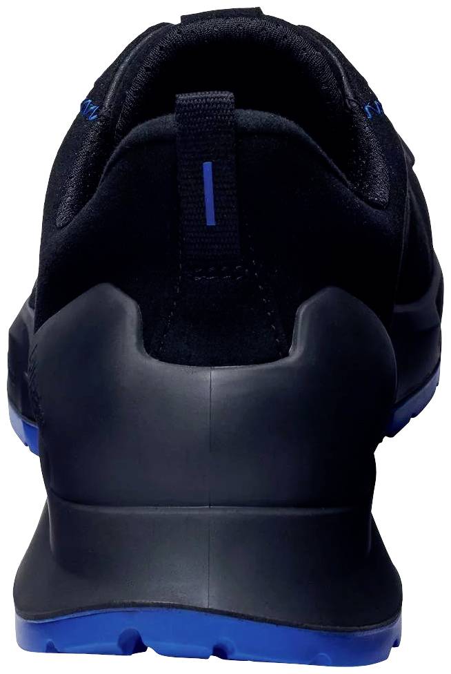 Vue arrière d'une chaussure de sport noire avec semelle bleue.